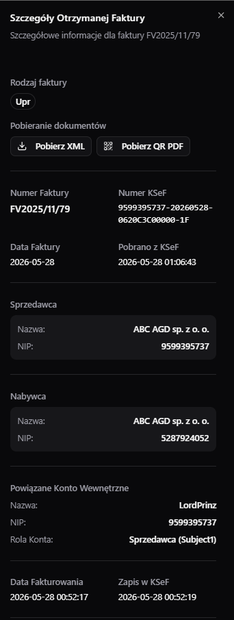 Panel szczegółów otrzymanej faktury: przyciski pobrania XML i QR PDF, numer KSeF, dane sprzedawcy i nabywcy