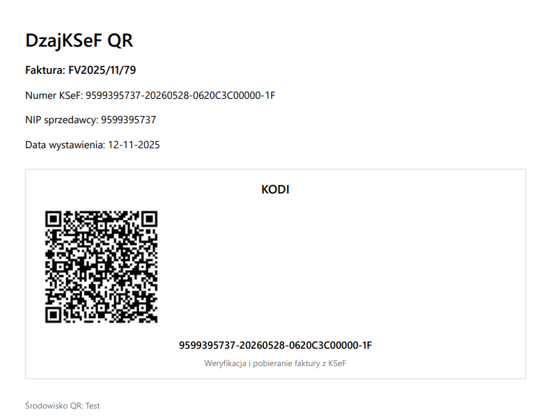 Przykładowy dokument QR PDF: numer faktury, identyfikator KSeF, NIP sprzedawcy i kod QR
